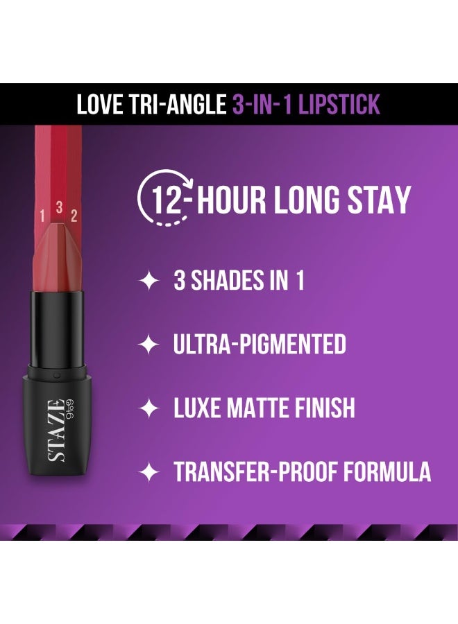 Staze 9to9 3 in 1 Lipstick | 3 Unique Shades in 1 | 12 HRS Long Lasting, Transferproof | Non-drying Formula with Intense Color Payoff | 01 Brick Pink | 3.8 g - Image 3